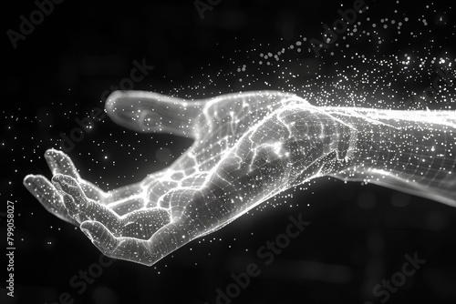 Dynamic closeup of a wireframe mesh hand reaching out, with digital particles emphasizing motion and interaction in virtual reality