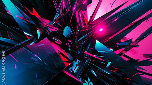 Vibrant bursts of neon pink and electric blue collide with geometric shapes in shades of midnight black, creating a bold and dynamic abstract expression.