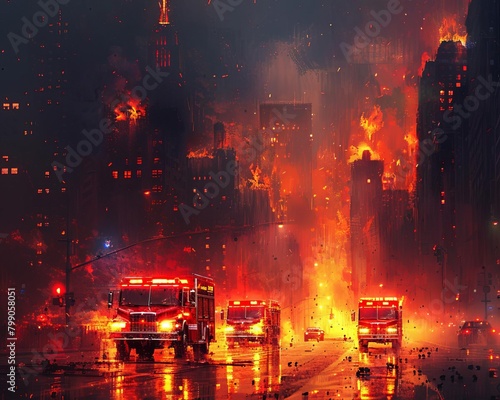 Emergency services rushing through a fiery urban scene, with fire trucks and ambulances highlighted against a backdrop of blazing structures