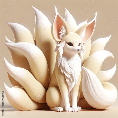 Digital art of a stylized, mythical nine-tailed fox in a serene pose.
 photo