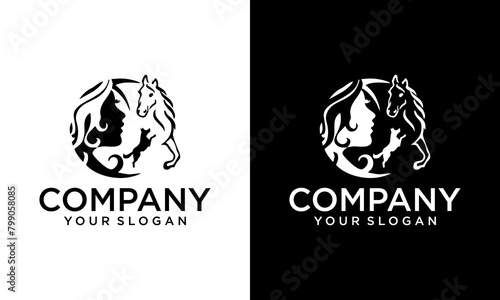 Creative Girl And Horse Logo Design And Horse Farm Template Vector.