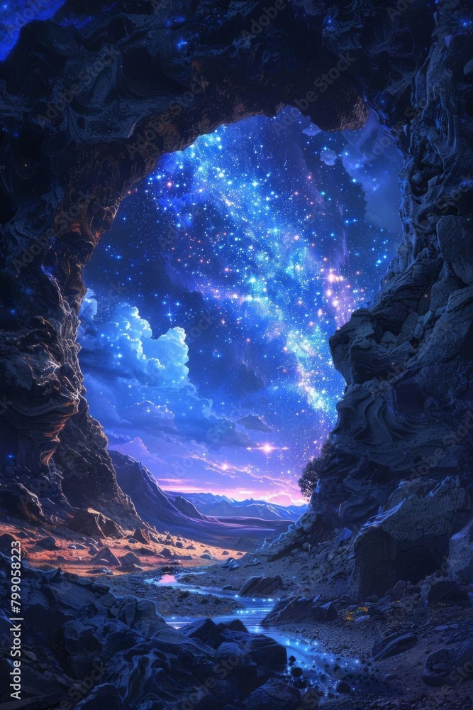 Scifi scene of a portal opening to another dimension, showing a surreal landscape through the gateway, under a starry sky
