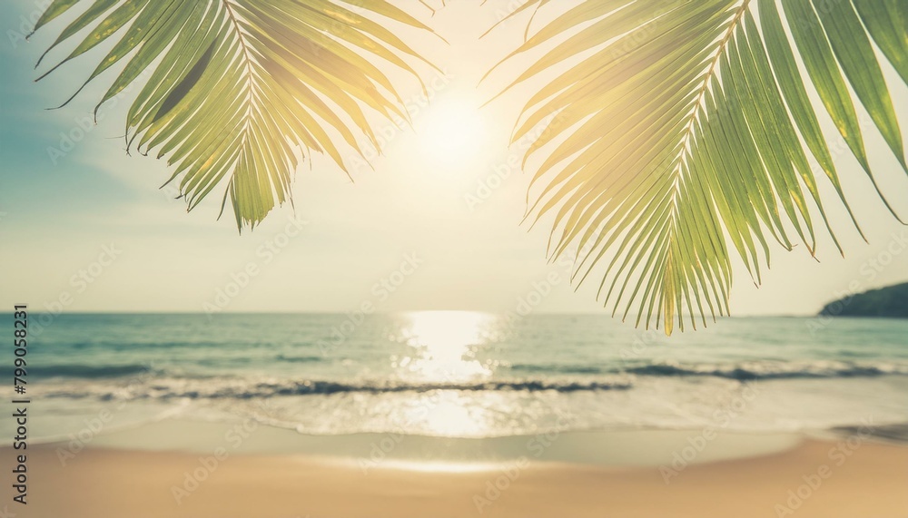Beachside Bliss: Palm Leaf Blur with Bokeh Sunlight Waves