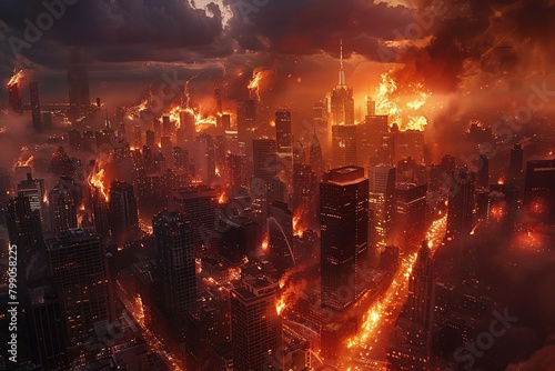 Overlooking a sprawling city skyline with multiple highrise buildings engulfed in flames, depicting urban chaos at night