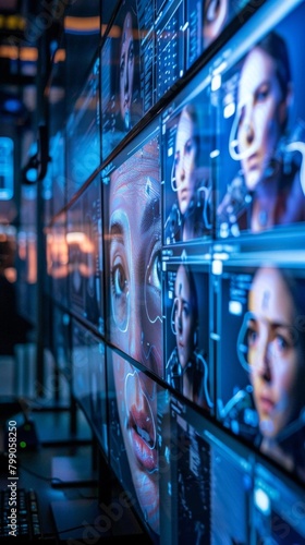 Security control room monitors displaying multiple faces for realtime face recognition analysis, highlighting technology in surveillance