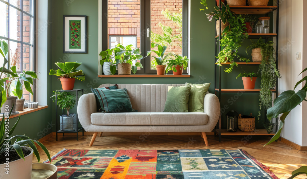 Fototapeta premium Modern living room with a wooden floor, sofa and colorful carpet in an Amsterdam apartment with a green window, plants on a shelf, interior design of home decor