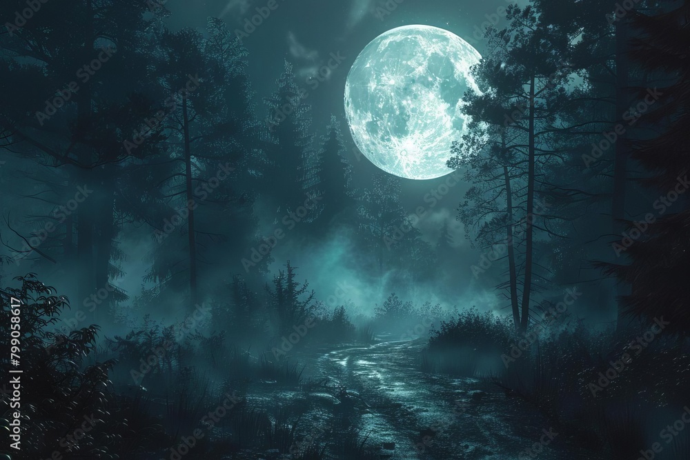 A dark forest path under a full moon, fog creeping across the ground, setting a scene of eerie isolation and impending danger