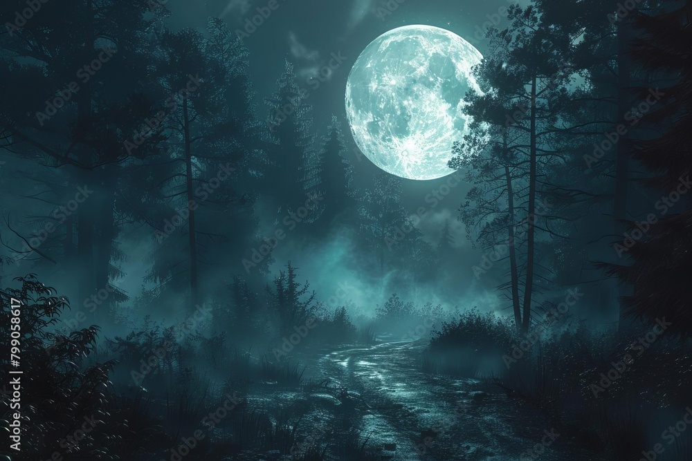 A dark forest path under a full moon, fog creeping across the ground, setting a scene of eerie isolation and impending danger A dark forest path under a full moon, fog creeping across the ground, setting a scene of eerie isolation and impending danger