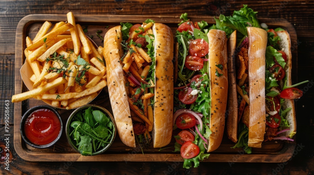 Sandwich and  French fries and Salad greens. on a wooden tray.