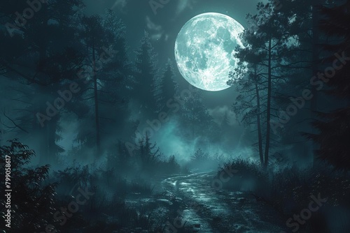 A dark forest path under a full moon, fog creeping across the ground, setting a scene of eerie isolation and impending danger