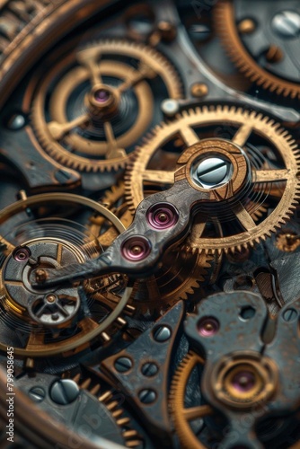 A detailed closeup of a vintage watch mechanism, gears and springs intricately layered, highlighting the craftsmanship of timekeeping