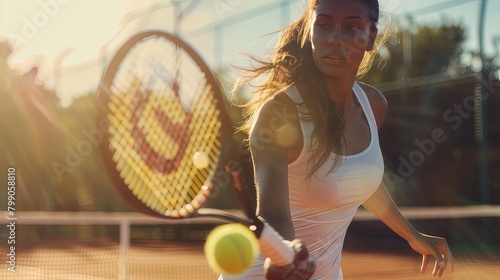 Intense Athleticism Close-Up of Female Tennis Player Playing on Sunny Outdoor Tennis Court 