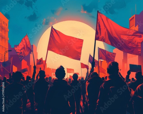 A group of protesters waving flags and banners in a peaceful demonstration, advocating for radical social change