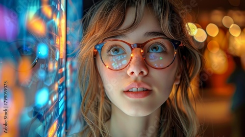 A beautiful girl wearing glasses is looking at a futuristic screen with a lot of colorful lights and data.