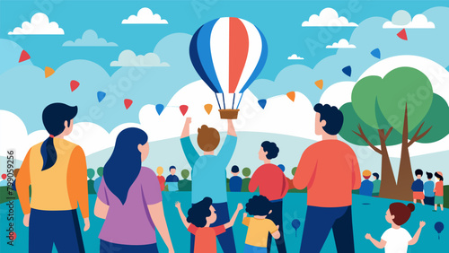 Friends and families gathered in a park watching in awe as a parade of hot air balloons adorned with flags passes overhead in celebration of the. Vector illustration