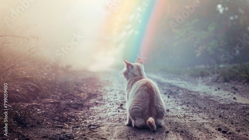 Symbolic Journey Cute Pet Cat's Departure to Afterlife Represented by Journey to Rainbow