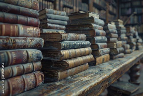 Antique vibes resonating from a collection of aged books in a vintage library , superrealistic