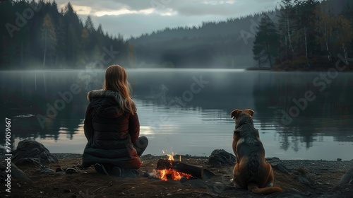 Tranquil Lake Scene Back View of Young Woman and Dog Sitting by Campfire on Lake Shore 