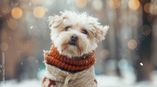 Winter Stroll with Adorable Pet Little Dog in Warm Clothes Explores City Park, Adding Joy and Coziness to Chilly Atmosphere
