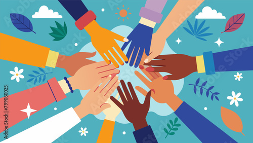 Hands of different professions and backgrounds coming together representing the collaboration and support within the community on Juneteenth.. Vector illustration