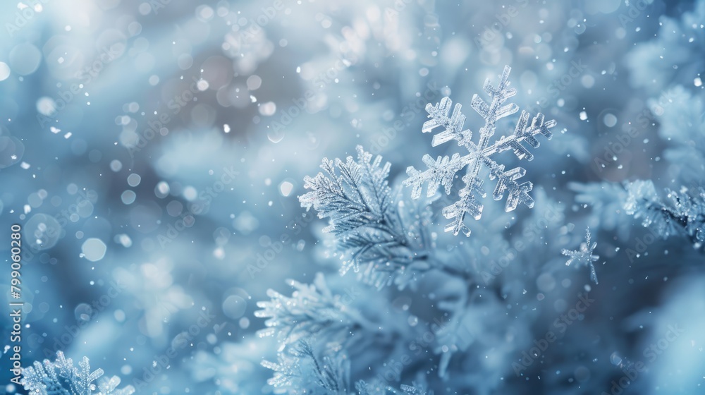 Close up of snowflake on blurred winter background. Seasonal Christmas banner with snow and free place for text Close up of snowflake on blurred winter background. Seasonal Christmas banner with snow and free place for text