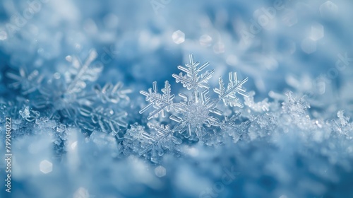 Close up of snowflake on blurred winter background. Seasonal Christmas banner with snow and free place for text