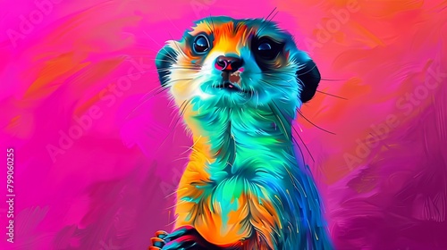 A colorful painting of a meerkat looking up. photo