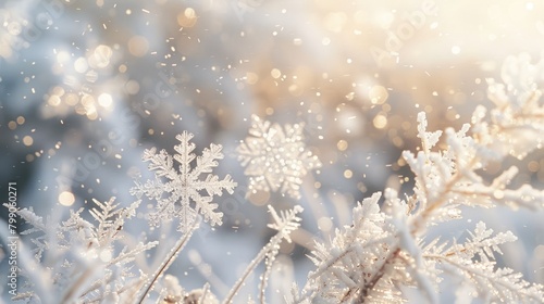 Close up of snowflake on blurred winter background. Seasonal Christmas banner with snow and free place for text