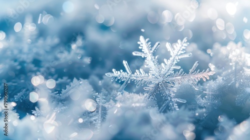 Close up of snowflake on blurred winter background. Seasonal Christmas banner with snow and free place for text © eireenz