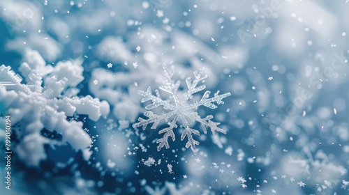 Close up of snowflake on blurred winter background. Seasonal Christmas banner with snow and free place for text