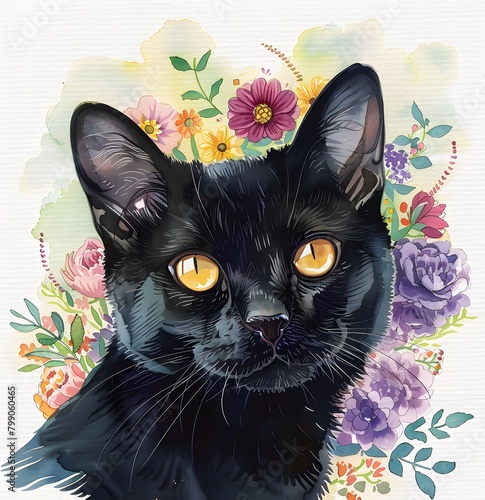 watercolor black cat with flowers  clipart style  white background
