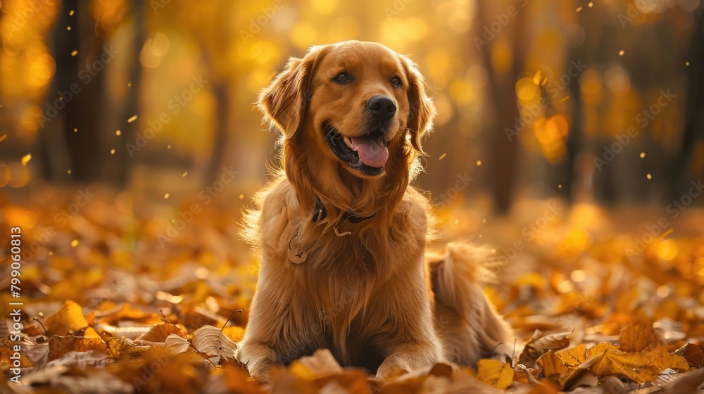 Golden Retriever Enjoying Autumn Leaves in Sunset Light Golden Retriever Enjoying Autumn Leaves in Sunset Light