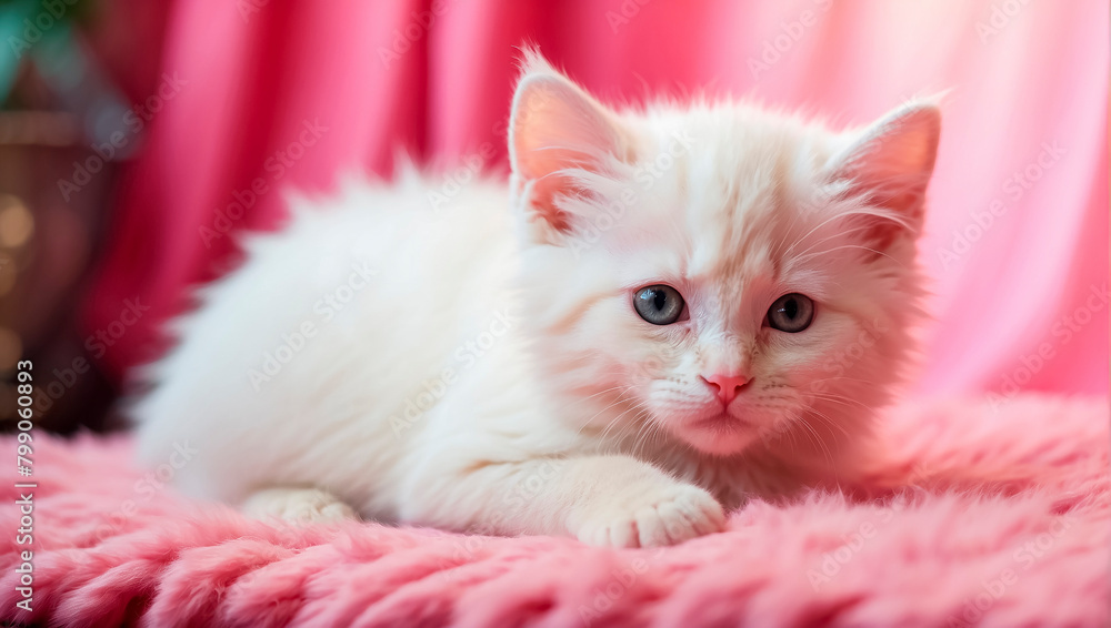 White little kitten on a pink background