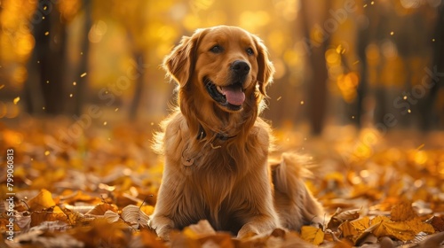 Golden Retriever Enjoying Autumn Leaves in Sunset Light