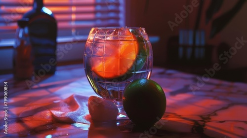  A tight shot of a wine glass on a table, adorned with a lime, situated beside a bottle of wine in the background