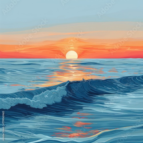Digital artwork of a striking abstract sunset casting warm hues over stylized blue ocean waves.