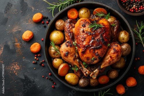Delicious roasted chicken with golden potatoes and fresh herbs, elegantly plated for a luxurious dining experience