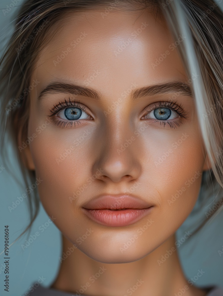 Close-up portrait of a young woman showcasing her captivating blue eyes and flawless skin against a gentle backdrop Close-up portrait of a young woman showcasing her captivating blue eyes and flawless skin against a gentle backdrop