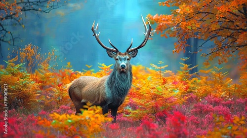 A deer standing in a field of red and yellow flowers