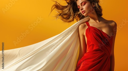 Elegant Woman in Flowing Red Dress on Warm Yellow Background