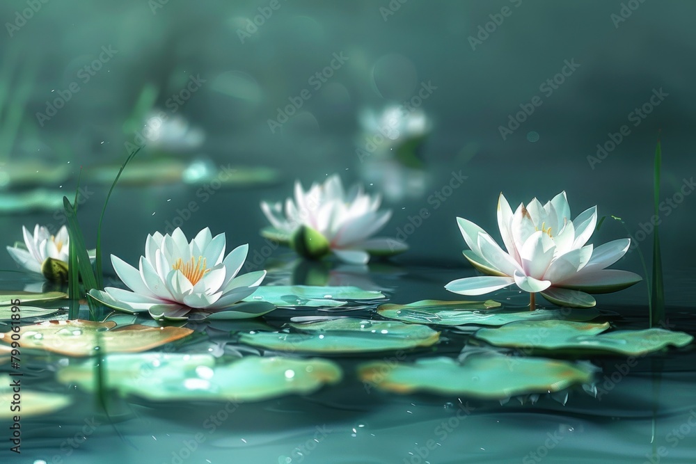 Digital illustration depicting peaceful water lilies floating on the calm waters of a serene pond.