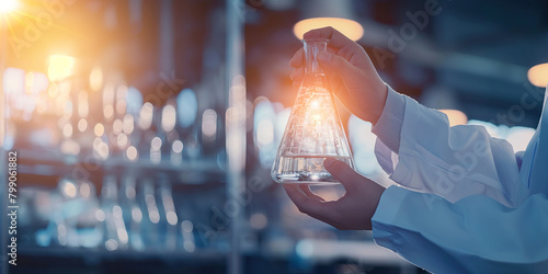 Scientist holding a conical flask with a bright light inside a laboratory. Research and scientific innovation concept. photo
