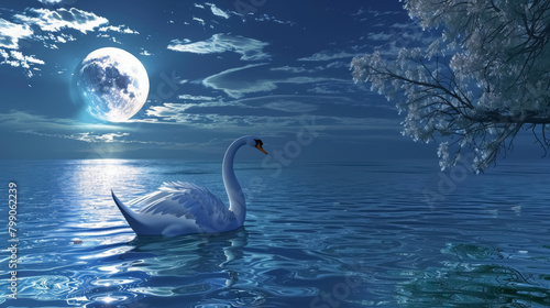 serene swan on a moonlit night amidst calm waters under a full moon © Imane