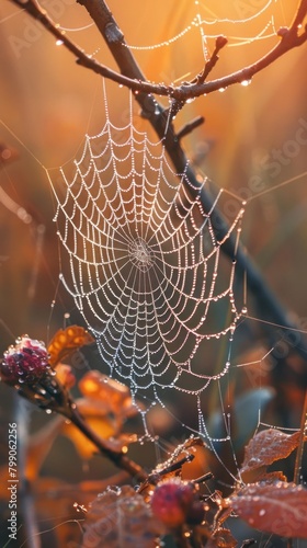 The golden light of dawn illuminates a spider web, adorned with delicate dew drops, creating a mesmerizing natural pattern.