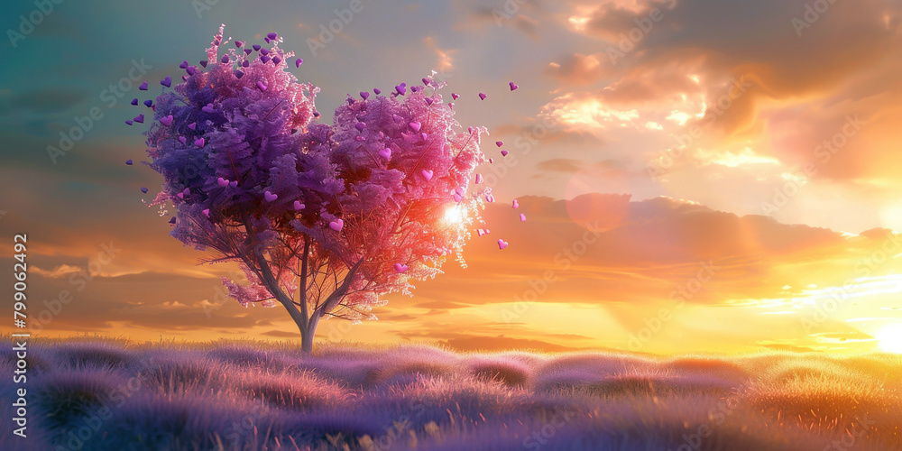 Arbre en forme de cœur avec des fleurs violettes et roses au coucher du soleil, atmosphère romantique et fantaisiste. Arbre en forme de cœur avec des fleurs violettes et roses au coucher du soleil, atmosphère romantique et fantaisiste.