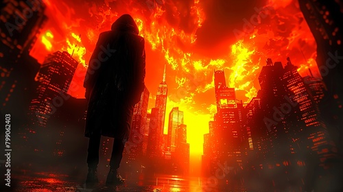 A post-apocalyptic city with a lone figure standing in the foreground. The sky is on fire and the buildings are in ruins.