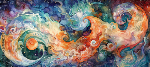Cosmic Sphere Serenity Watercolor Art