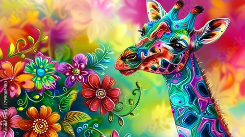 A psychedelic giraffe stands in a field of flowers. photo