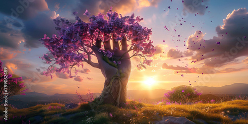 Arbre en forme de main avec des fleurs violettes et roses au coucher du soleil, atmosphère romantique et fantaisiste. photo