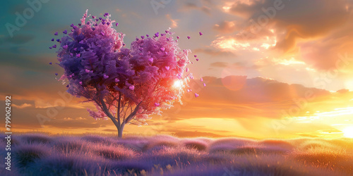 Arbre en forme de cœur avec des fleurs violettes et roses au coucher du soleil, atmosphère romantique et fantaisiste. photo